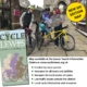 Three people with bicycles look at a map near a historic stone gateway. An inset shows the “Cycle Lewes” map cover and details about cycling resources and information for Lewes.