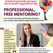A promotional poster for Charity Mentors Sussex showing a woman talking with another person. The text advertises free professional mentoring for charity and community groups, with testimonials and contact information at the bottom.