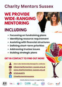 A flyer for Charity Mentors Sussex detailing wide-ranging mentoring services, including fundraising, resource identification, finance, strategy, and trustee issues. Contact info and logos of supporting organizations are included.