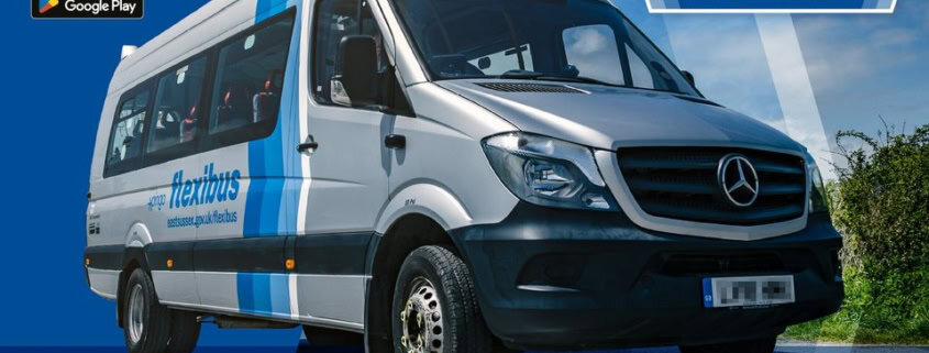 A silver Flexibus minibus is parked on a road under a blue sky. The vehicle features blue stripes and the Flexibus logo. App store icons and partner logos appear in the corners of the image.