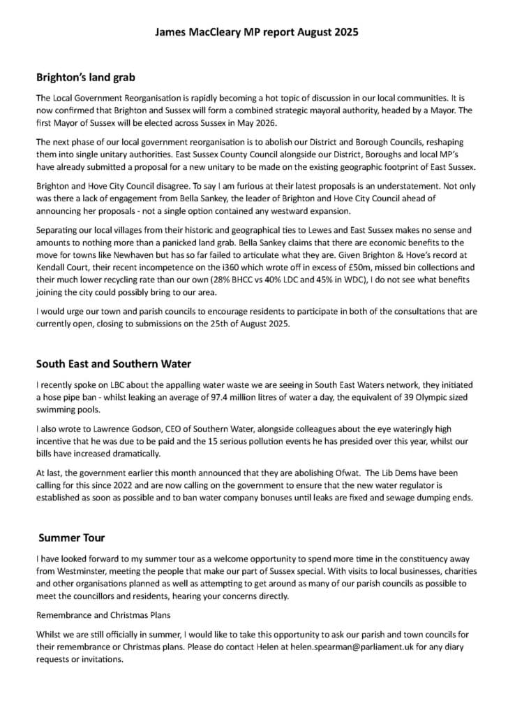 A typed newsletter titled "James MacCleary MP report August 2025" with sections on local government reorganisation in Brighton and Sussex, reflections on Remembrance and Christmas, and contact information for requests.