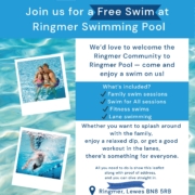 A flyer for Wave Active offers a free swim at Ringmer Swimming Pool, listing family swims, sessions for all, fitness swims, and lane swimming. Features a photo of a woman and two kids in a pool, contact info, and a map location.