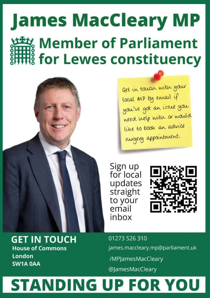 A campaign poster for James MacCleary MP, Member of Parliament for Lewes. It includes his photo, contact details, social media info, and a QR code to sign up for email updates. Text: “STANDING UP FOR YOU.”.