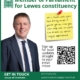 A campaign poster for James MacCleary MP, Member of Parliament for Lewes. It includes his photo, contact details, social media info, and a QR code to sign up for email updates. Text: “STANDING UP FOR YOU.”.