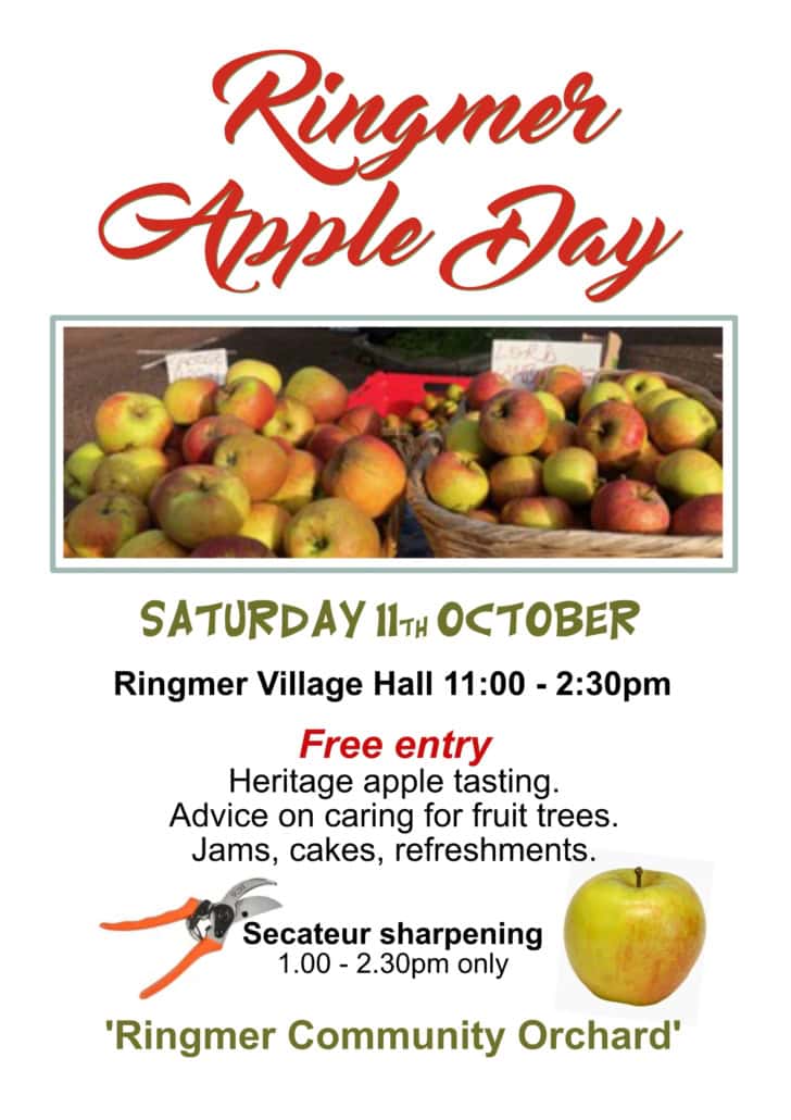 Poster for "Ringmer Apple Day" with images of apples. Event is Saturday 11th October at Ringmer Village Hall, 11:00–2:30. Free entry, apple tasting, tree advice, jams, cakes, refreshments, secateur sharpening.