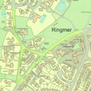 A detailed map of Ringmer showing roads, buildings, ponds, St Mary's Church, Ringmer CP, car parks, and green spaces labeled with street names and landmarks.