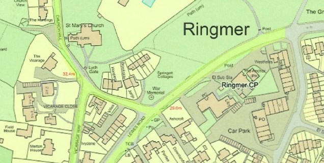 A detailed map of Ringmer showing roads, buildings, ponds, St Mary's Church, Ringmer CP, car parks, and green spaces labeled with street names and landmarks.