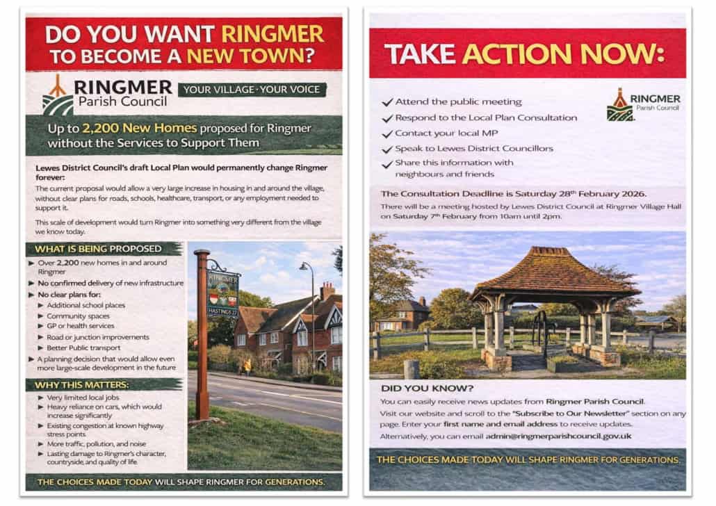 Two flyers about Ringmer’s plan for up to 2,200 new homes. The first flyer has a thatched cottage and village scene; the second has a gazebo in a park. Both urge residents to take action and share their views with the council.
