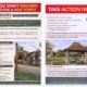 Two flyers about Ringmer’s plan for up to 2,200 new homes. The first flyer has a thatched cottage and village scene; the second has a gazebo in a park. Both urge residents to take action and share their views with the council.