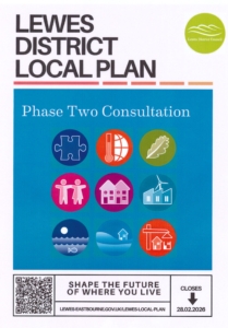 Poster for the Lewes District Local Plan Phase Two Consultation, featuring colorful icons, a QR code, and text encouraging residents to shape the future of where they live. Consultation closes on 28.02.2026.