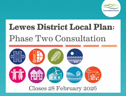 Graphic for the Lewes District Local Plan Phase Two Consultation. Includes icons for various themes and announces that the consultation closes on 28 February 2026. Lewes District Council logo is in the top right corner.