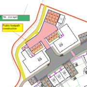 Site map highlighting an area marked for public footpath construction from 7th–21st April, with a red outline and yellow box indicating the construction zone near several building plots.