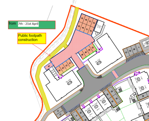 Site map highlighting an area marked for public footpath construction from 7th–21st April, with a red outline and yellow box indicating the construction zone near several building plots.
