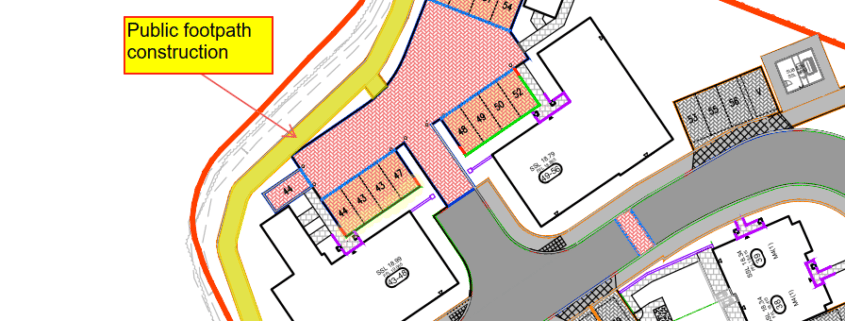 Site map highlighting an area marked for public footpath construction from 7th–21st April, with a red outline and yellow box indicating the construction zone near several building plots.