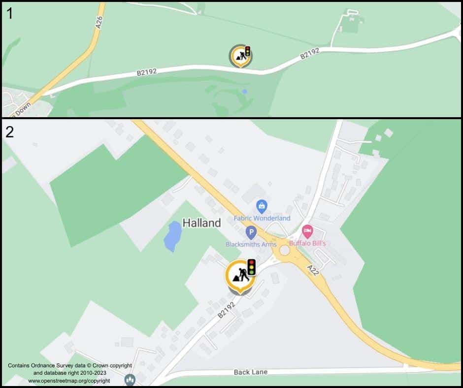 A split map showing two views of Halland. The top panel highlights roadworks on the B2192 near a wooded area; the bottom panel shows roadworks on the B2192 closer to buildings and landmarks in Halland village.