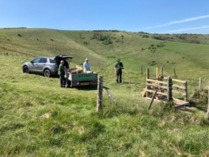 Three people stand near a parked car and small trailer in a grassy, hilly landscape. They are working near a wooden structure and fenced area under a clear blue sky.