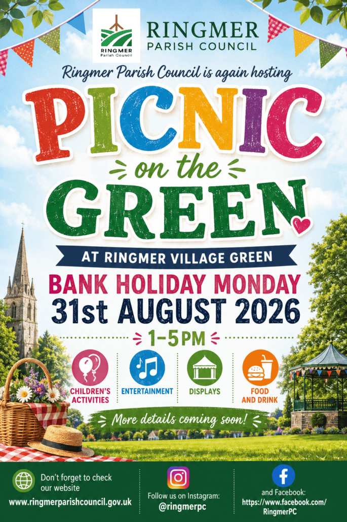 Colourful poster for Ringmer Parish Council's "Picnic on the Green" event, held 31st August 2026, 1-5pm, with icons for activities, entertainment, displays, food, and contact info at the bottom.