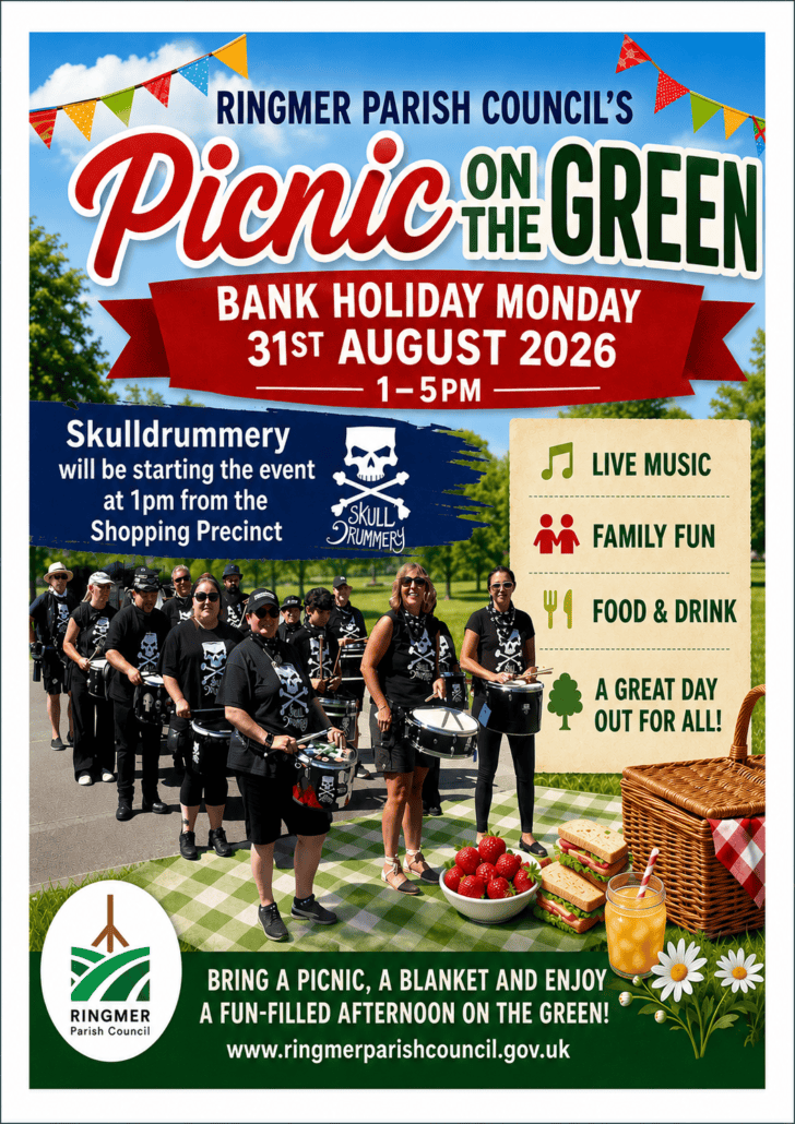 Poster for "Picnic on the Green" event, with SkullDrummery band, event info, icons for live music, family fun, food, and drinks, and people dressed in black playing drums outdoors.
