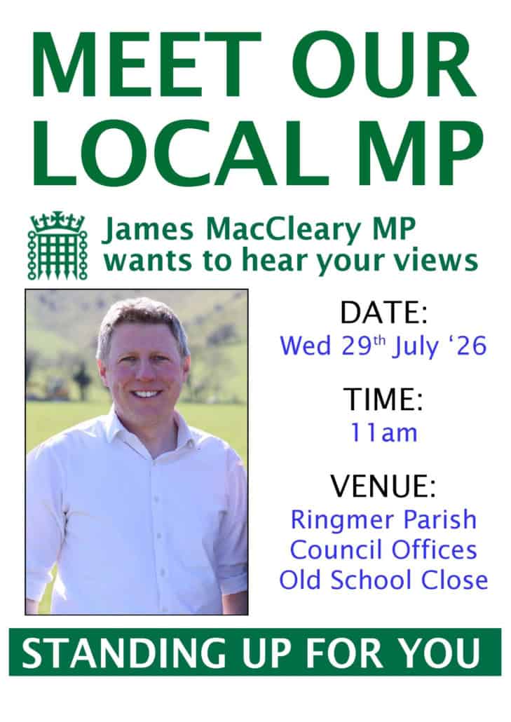 Poster for a "Meet Our Local MP" event with a smiling man in a white shirt. Details: Wed 29th July ’26, 11am, Ringmer Parish Council Offices. Text: "James MacCleary MP wants to hear your views.