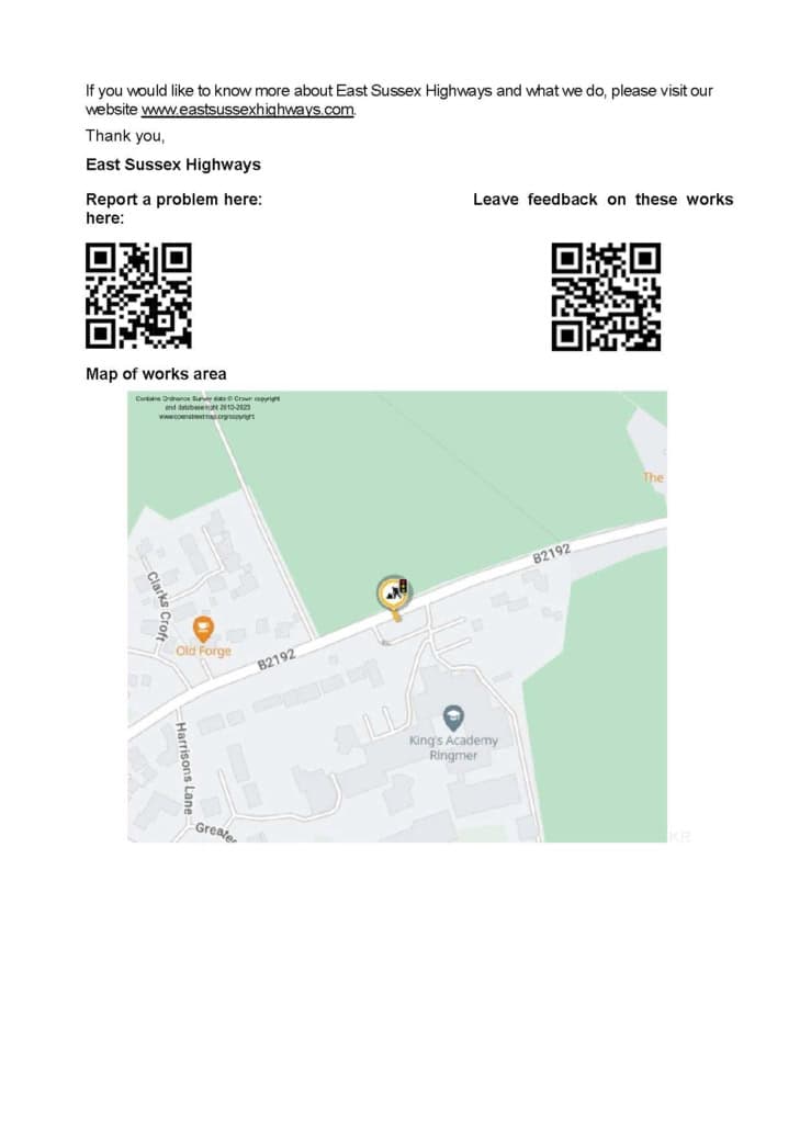 A leaflet with QR codes for reporting problems or giving feedback to East Sussex Highways, including a map showing the works area near Kings Academy Ringmer on the B2192.