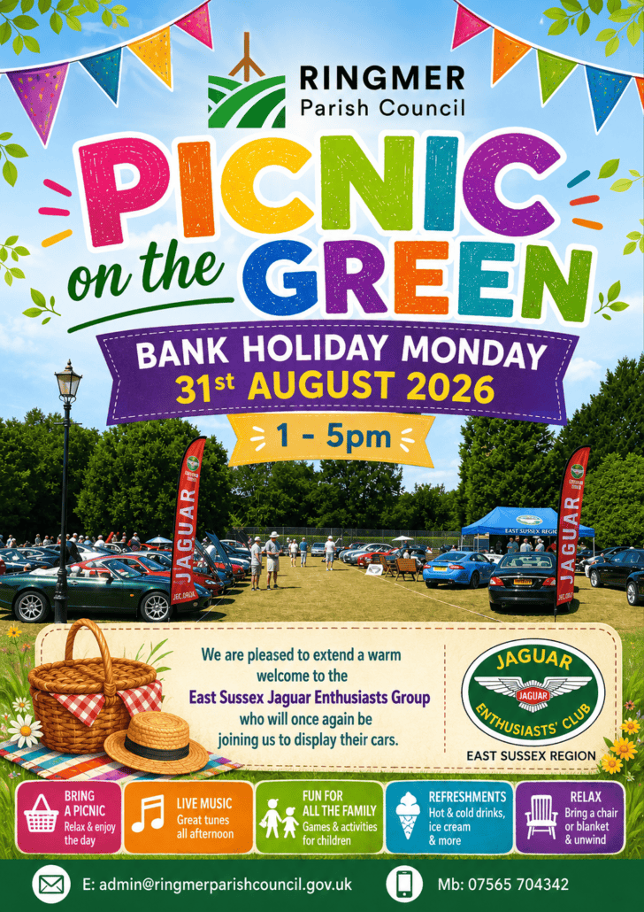 Colourful event poster for “Picnic on the Green” on 31st August 2026, 1-5pm, featuring classic cars, live music, kids’ activities, family fun, and food stalls. Hosted by Ringmer Parish Council and Jaguar Enthusiasts’ Club.