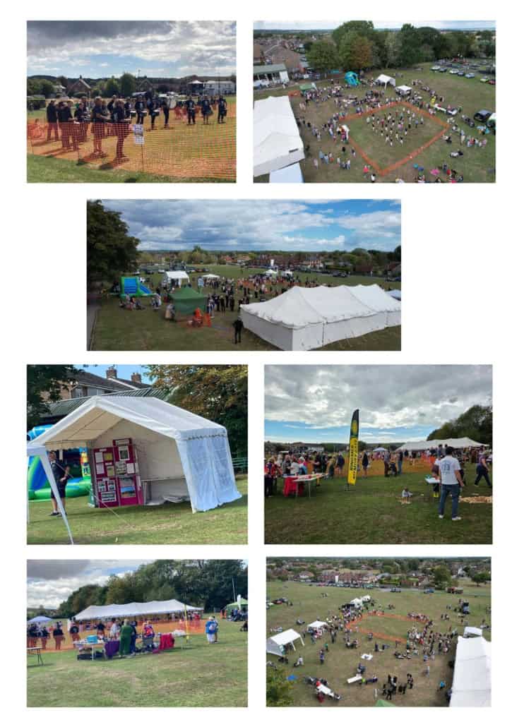 A collage of photos shows an outdoor fair with marquees, groups of people, performances, stalls, and grassy open areas under a cloudy sky.